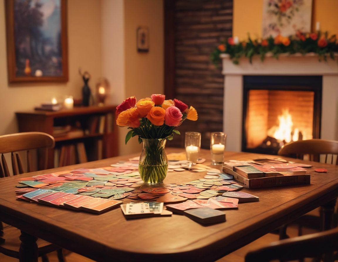 A cozy setting featuring a couple sitting at a wooden table, surrounded by colorful card games scattered around, soft ambient lighting creates a romantic atmosphere. Delicate heart motifs are subtly integrated into the cards and table decor, while a vase of fresh flowers adds a touch of warmth. In the background, a fireplace gently flickers, enhancing the intimate vibe of the scene. painting. warm colors. soft focus.