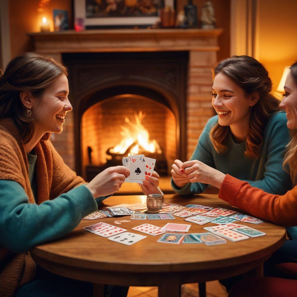 A cozy living room setting where a couple is joyfully playing card games at a small table, surrounded by soft cushions and warm lighting. Close-up of colorful cards being held, with playful expressions on their faces, suggesting laughter and intimacy. In the background, a warm fireplace and personal mementos that reflect their bond. Emphasize a sense of warmth and togetherness. super-realistic. vibrant colors. warm lighting.