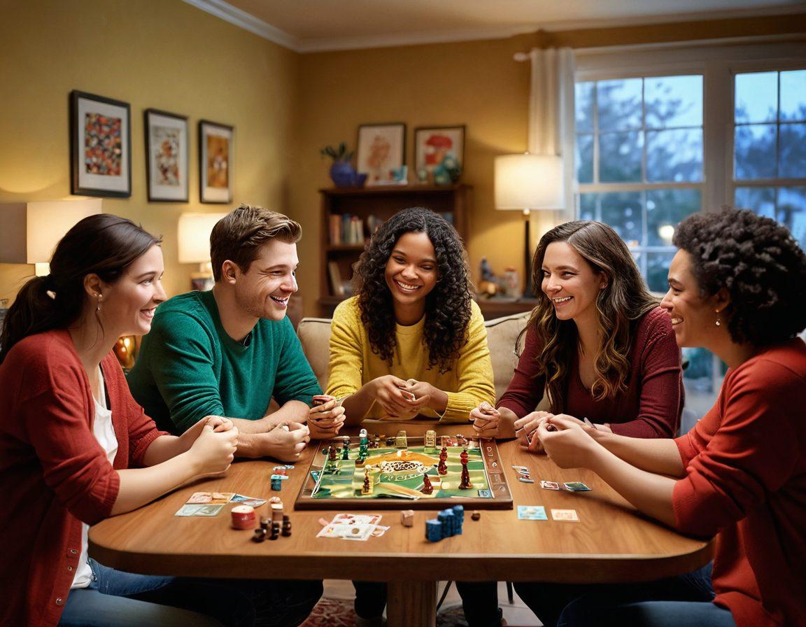 A cozy living room scene with friends gathered around a table filled with board games and snacks, showcasing laughter and friendly competition. Brightly colored game pieces and cards scattered across the table highlight the fun atmosphere. Soft lighting illuminates the warm, inviting space, with playful decorations on the walls celebrating games and connection. super-realistic. vibrant colors. cozy ambiance.